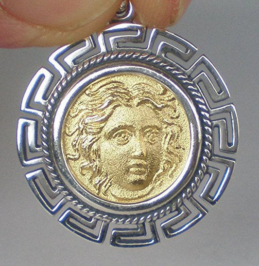 Helios - Ancient Greek Sun God - Rhodes island Tetradrachm - Meander Design - Gold Plated Coin Pendant - 925 Sterling Silver