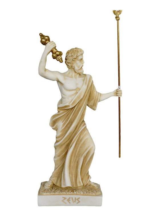Zeus Jupiter - Greek Roman King of all Gods of Mount Olympus - Ruler of Sky, Lightning and Thunder - Aged Alabaster Statue