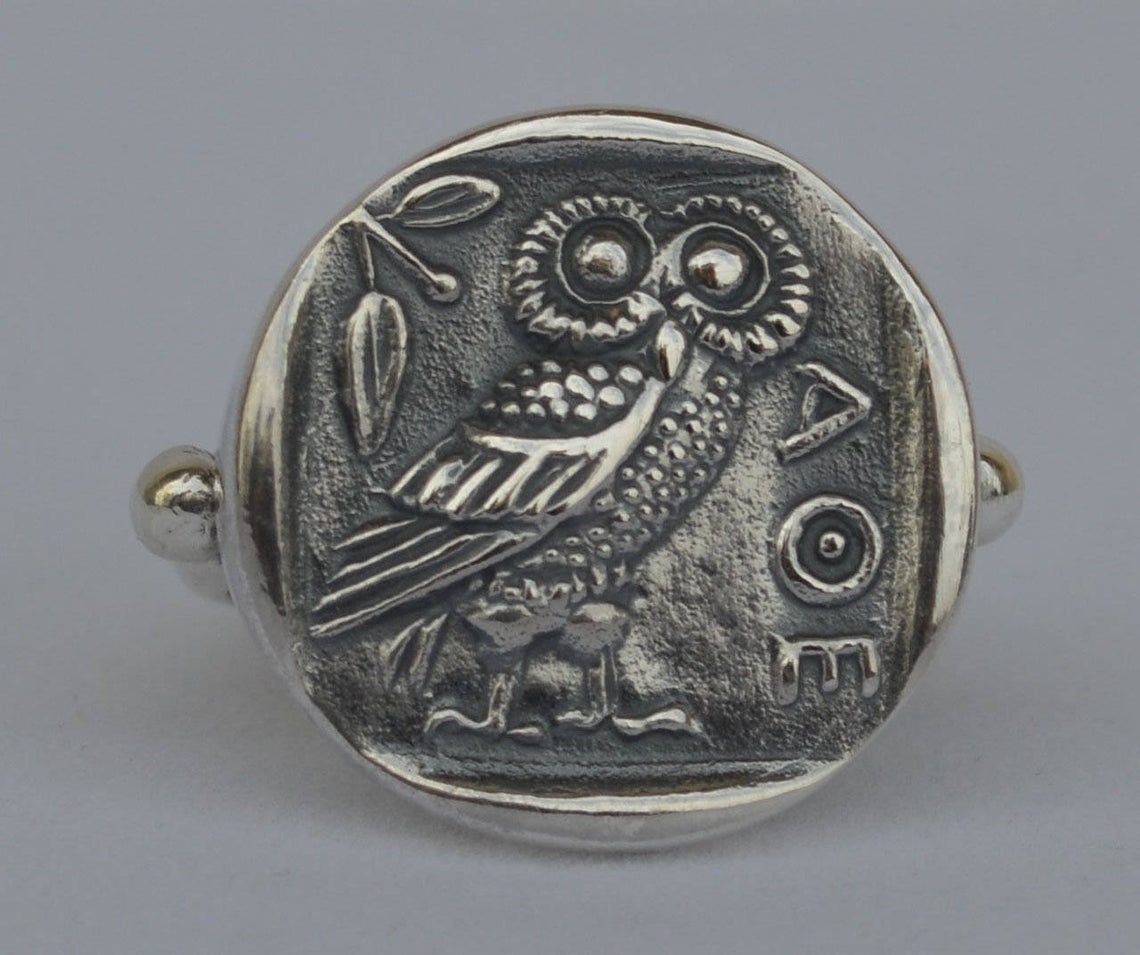 Owl of Wisdom -  Symbol of Goddess Athena - Ancient Greece - Ring - Size Us 6 1/2 - 925 Sterling Silver