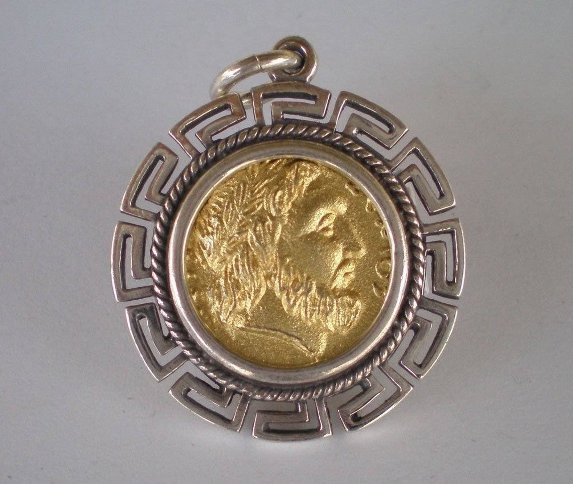 Phillip II Macedon Depicting Zeus - PellaTetradrachm, 348-336 BC , - Meander Design - Gold Plated Coin Pendant - 925 Sterling Silver