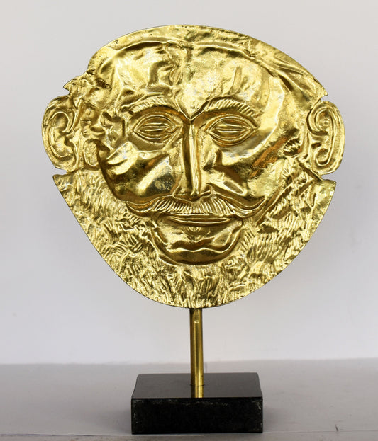 Mask of Agamemnon - Funeral Mask Replica - royal tombs at Mycenae - marble base - pure Bronze Sculpture