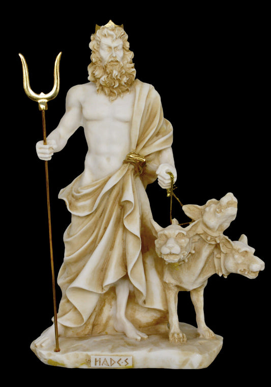 Hades and Cerberus - Greek Roman God of the Dead, King of the Underworld - Three-Headed Dog Guarding the Gates - Aged Alabaster Statue