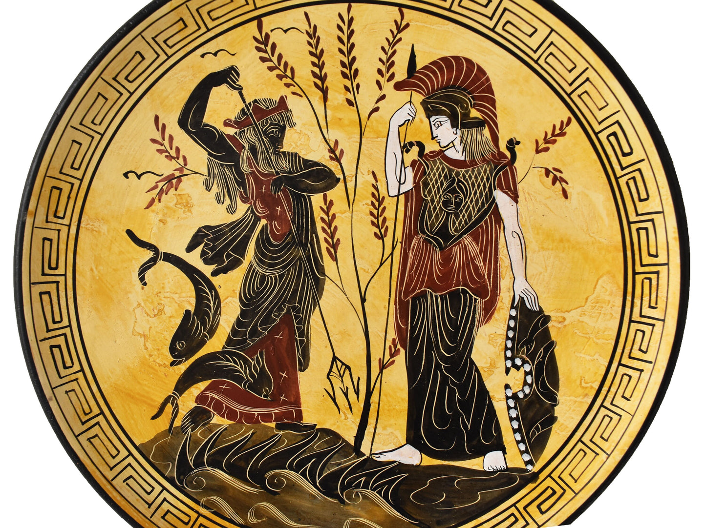 Athena and Poseidon’s Contest for Athens - Ancient Greek Olympian Gods - Ceramic plate - Meander design - Handmade in Greece