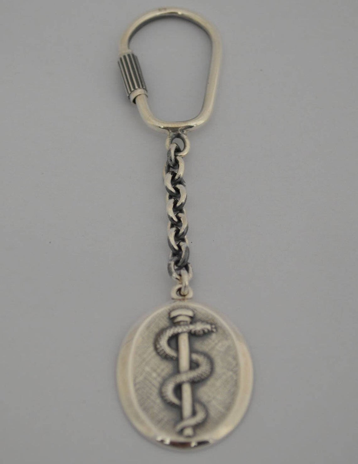 Rod - Sacred Symbol of Asclepius -  Ancient Greek God of Medicine and Healing - DNA Helix - Keychain - 925 Sterling Silver