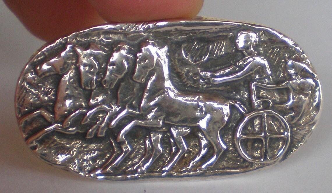 Charioteer on a quadriga - Fresco Wall Theme -  Ancient Olympic Games - Emblem of Triumph  - Brooch Pin - 925 Sterling Silver