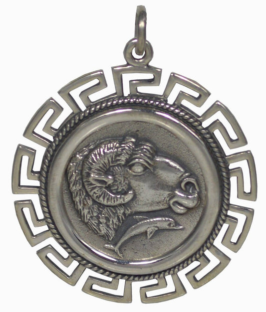 Ram Head - Symbol of authority, nobility, virility, fertility, power and leadership  - Meander Design - Coin Pendant - 925 Sterling Silver