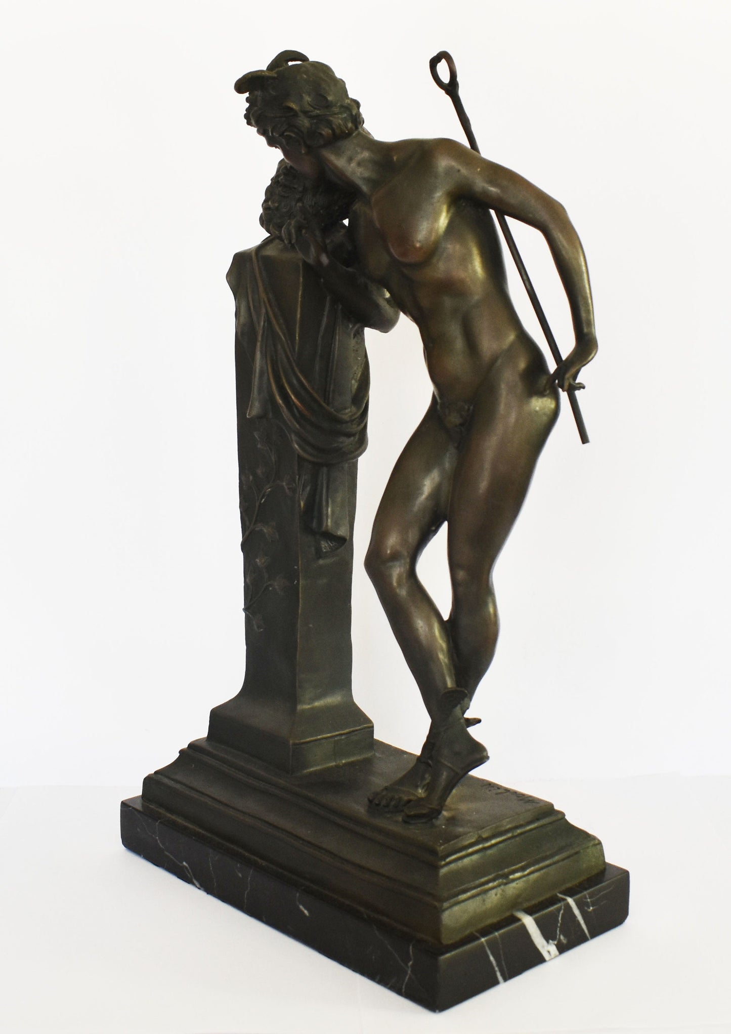 Hermes Mercury leaning against a Hermaic Stele - Messenger of Olympian Gods - marble base - pure bronze  statue