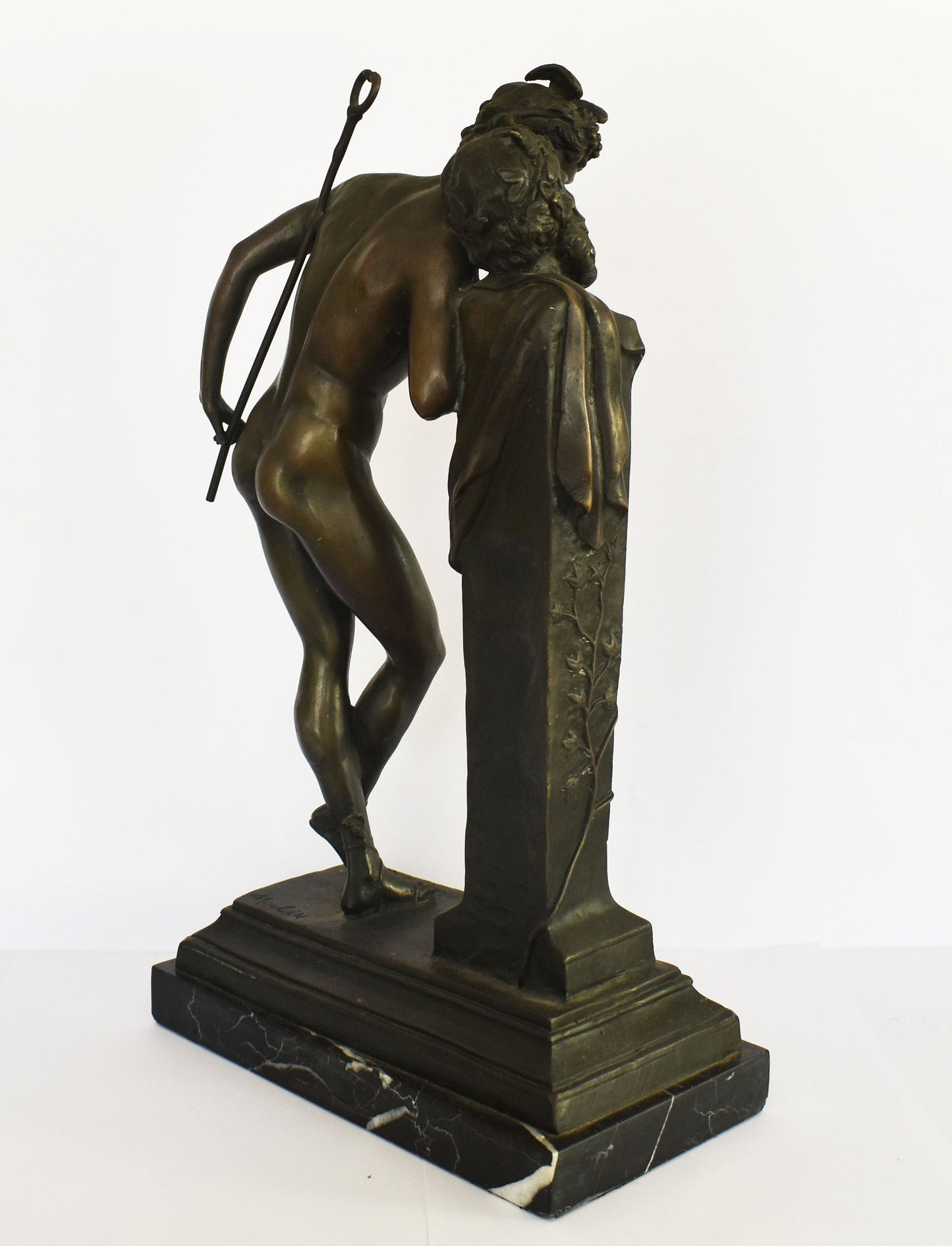 Hermes Mercury leaning against a Hermaic Stele - Messenger of Olympian Gods - marble base - pure bronze  statue