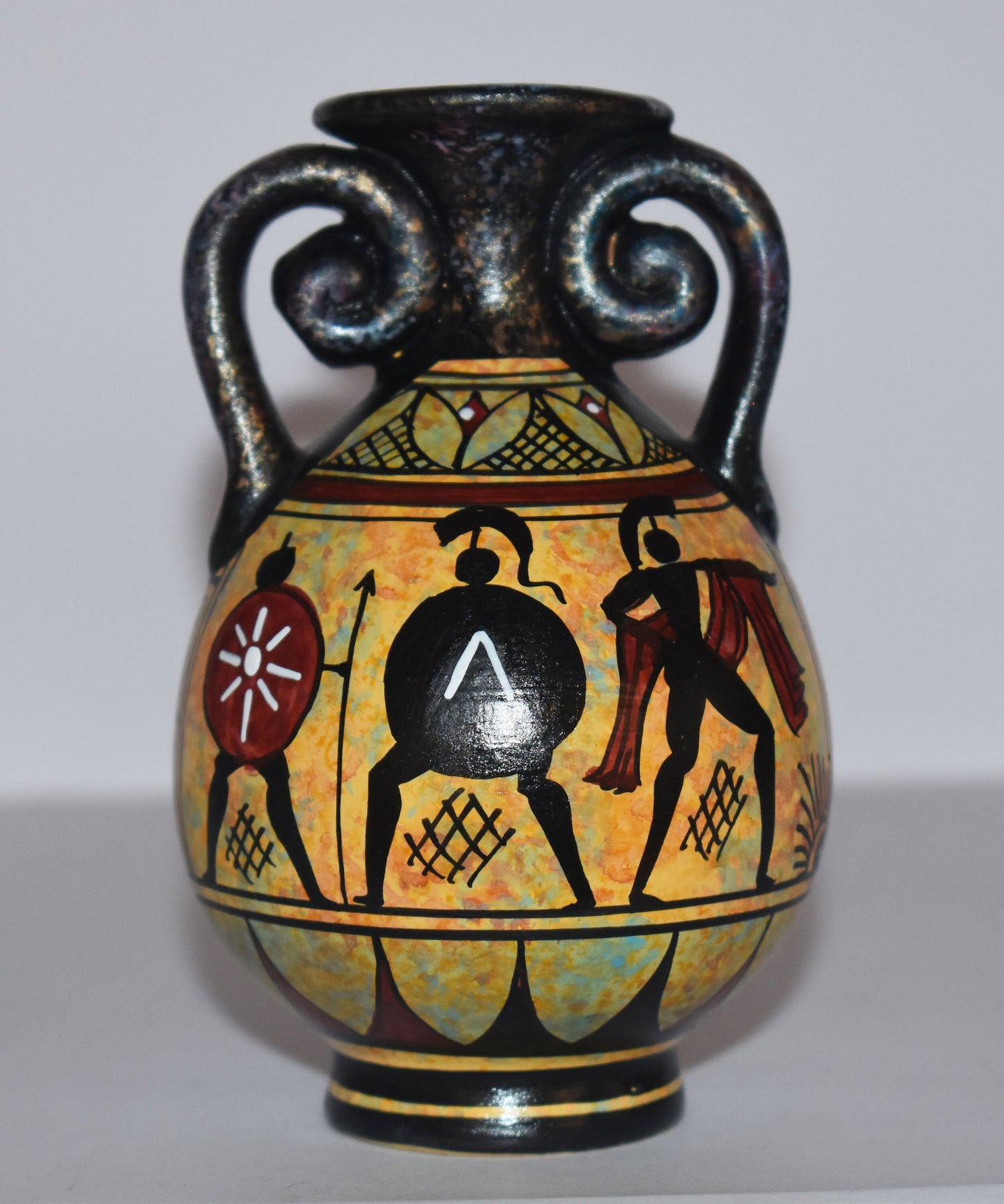 Ancient Greek vase with warriors - Miniature Ceramic piece - Geometric Period - Handmade in Greece