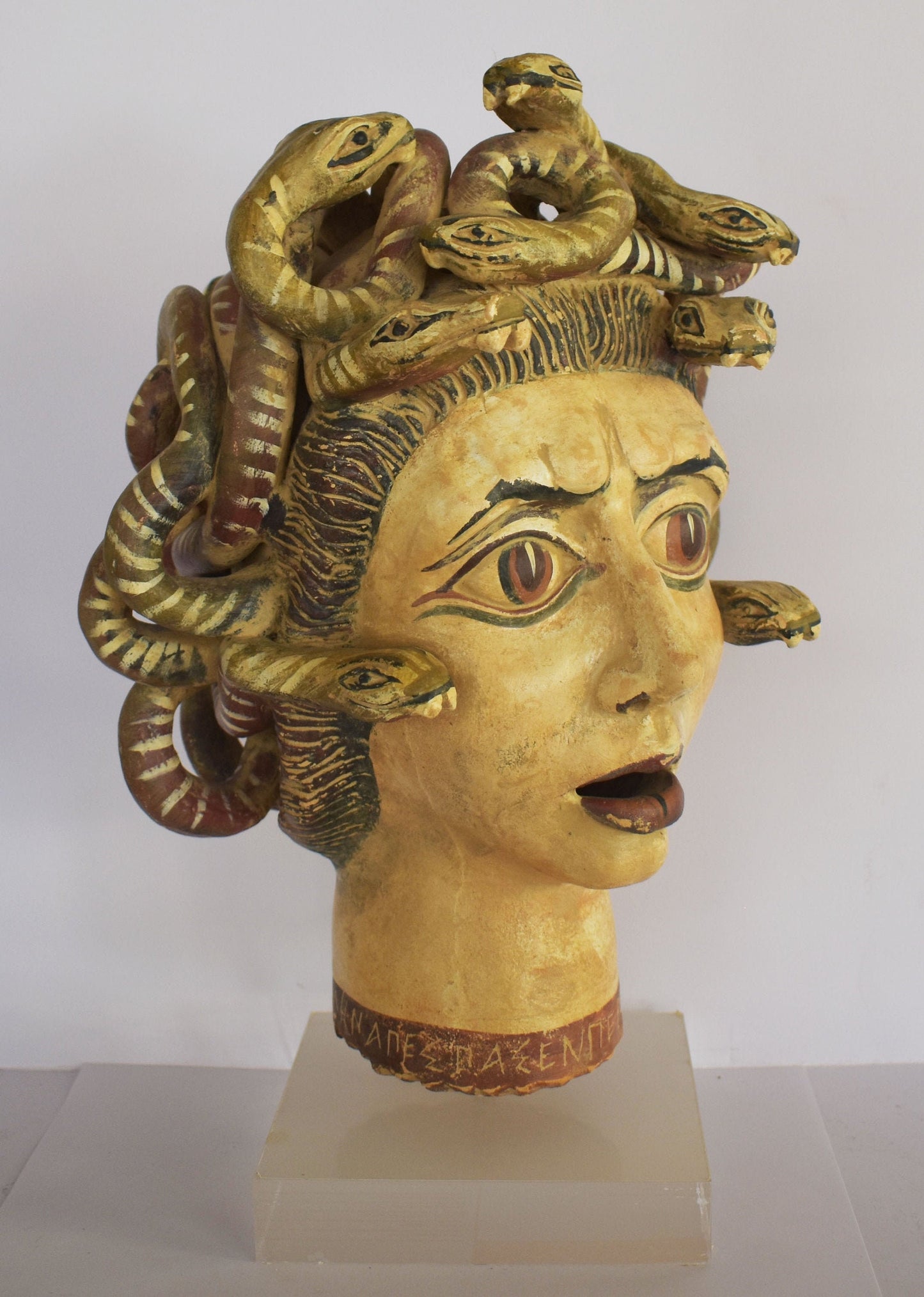 Medusa Head - Snake-Haired Gorgon - Symbol of natural cycle of birth, death and rebirth - Plexiglass Base - Ceramic Artifact