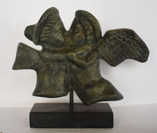 Love Cupid and Psyche Kissing - Ancient Greek God Eros and Soul Embracing  - marble base - museum reproduction - pure bronze  statue