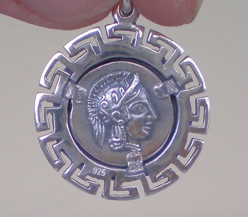 Owl, symbol of Wisdom and Goddess Athena - Meander, symbol of eternity - Coin Pendant - 925 Sterling Silver