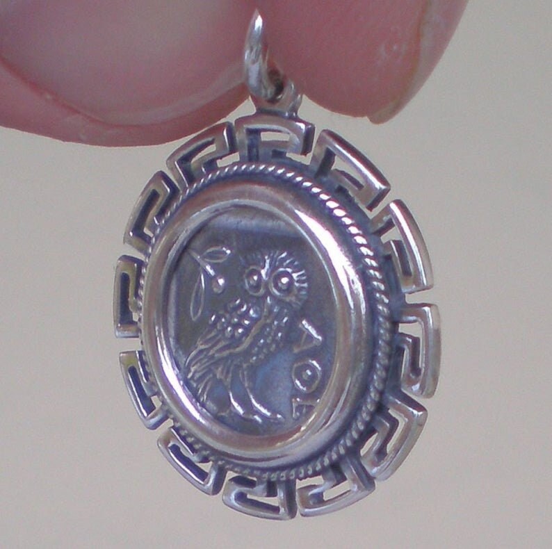 Owl, symbol of Wisdom and Goddess Athena - Meander, symbol of eternity - Coin Pendant - 925 Sterling Silver