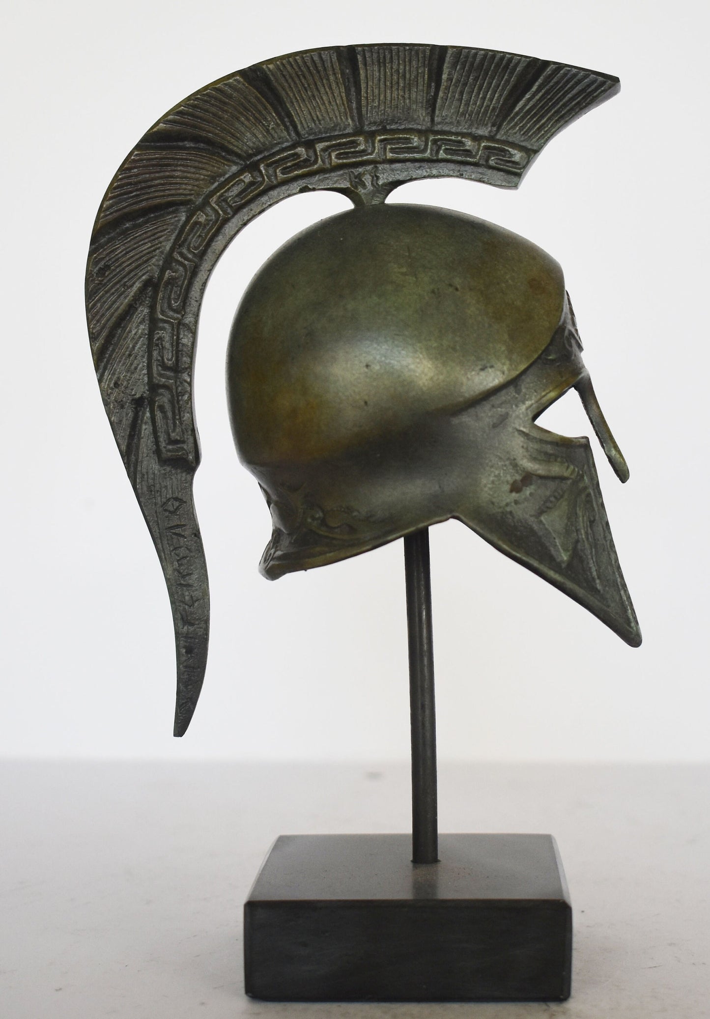 Ancient Greek Spartan Corinthian Helmet - ibex, floral and eternity Motif - marble base  - museum reproduction - pure bronze  statue