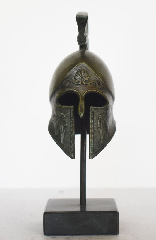 Ancient Greek Spartan Corinthian Helmet - ibex, floral and eternity Motif - marble base  - museum reproduction - pure bronze  statue