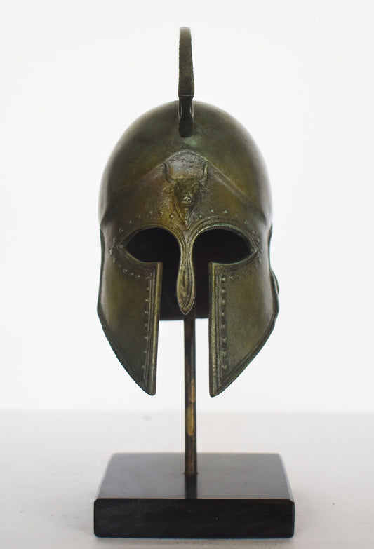 Ancient Greek Spartan Corinthian Helmet - Bull and eternity Motif - marble base  - museum reproduction - pure bronze  statue