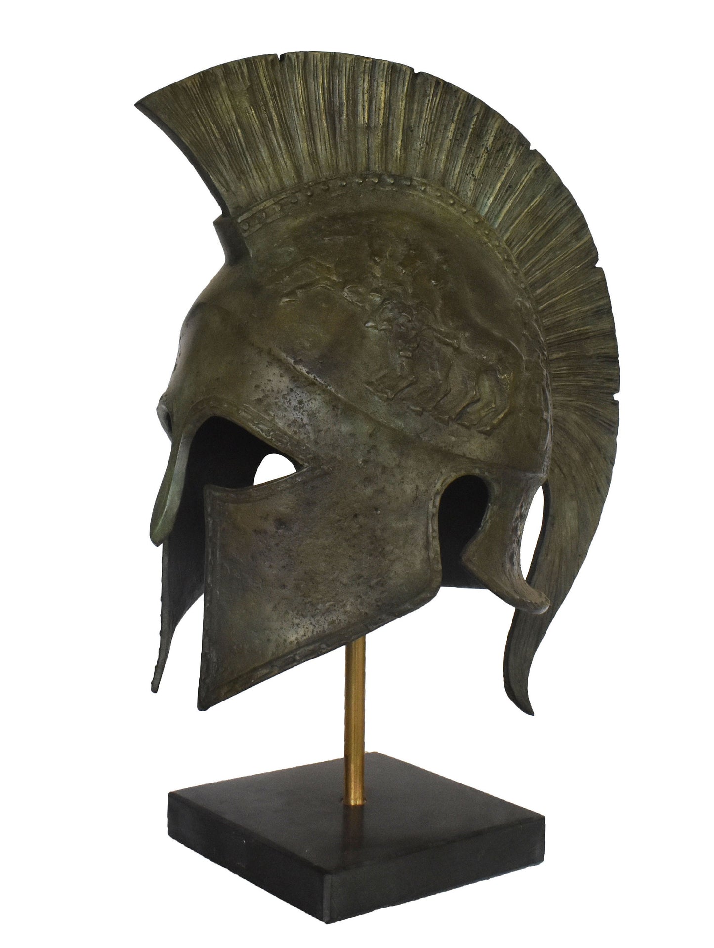 Ancient Greek Spartan Corinthian Helmet - chariot figure - marble base  - museum reproduction - pure bronze  statue