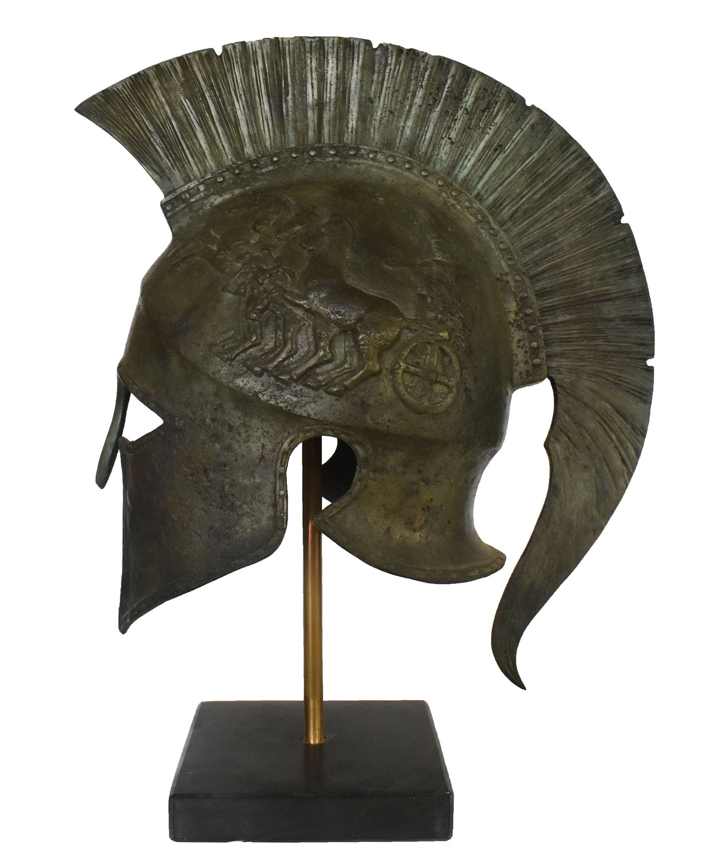 Ancient Greek Spartan Corinthian Helmet - chariot figure - marble base  - museum reproduction - pure bronze  statue