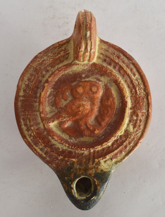 Oil Lamp - Athens, Attica - 600 BC - Owl of Wisdom Engraving - Museum Reproduction - Ceramic Artifact