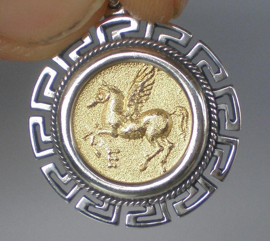 Pegasus the Mythical Horse and Greek Roman Goddess Artemis  - Meander, symbol of eternity - Gold Plated Coin Pendant - 925 Sterling Silver