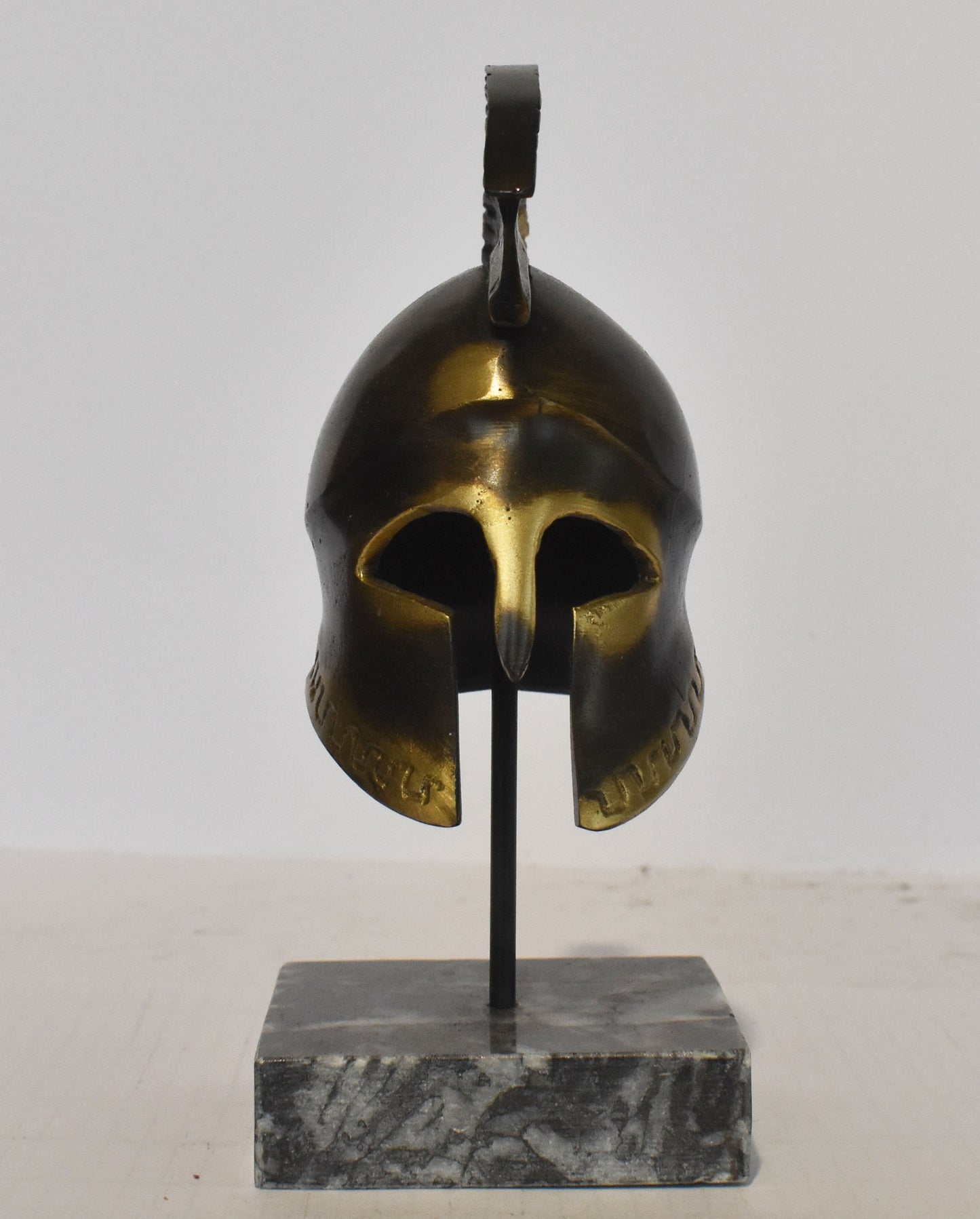 Ancient Greek Spartan Corinthian Helmet - Eternity Motif - marble base  - museum reproduction - pure bronze  statue