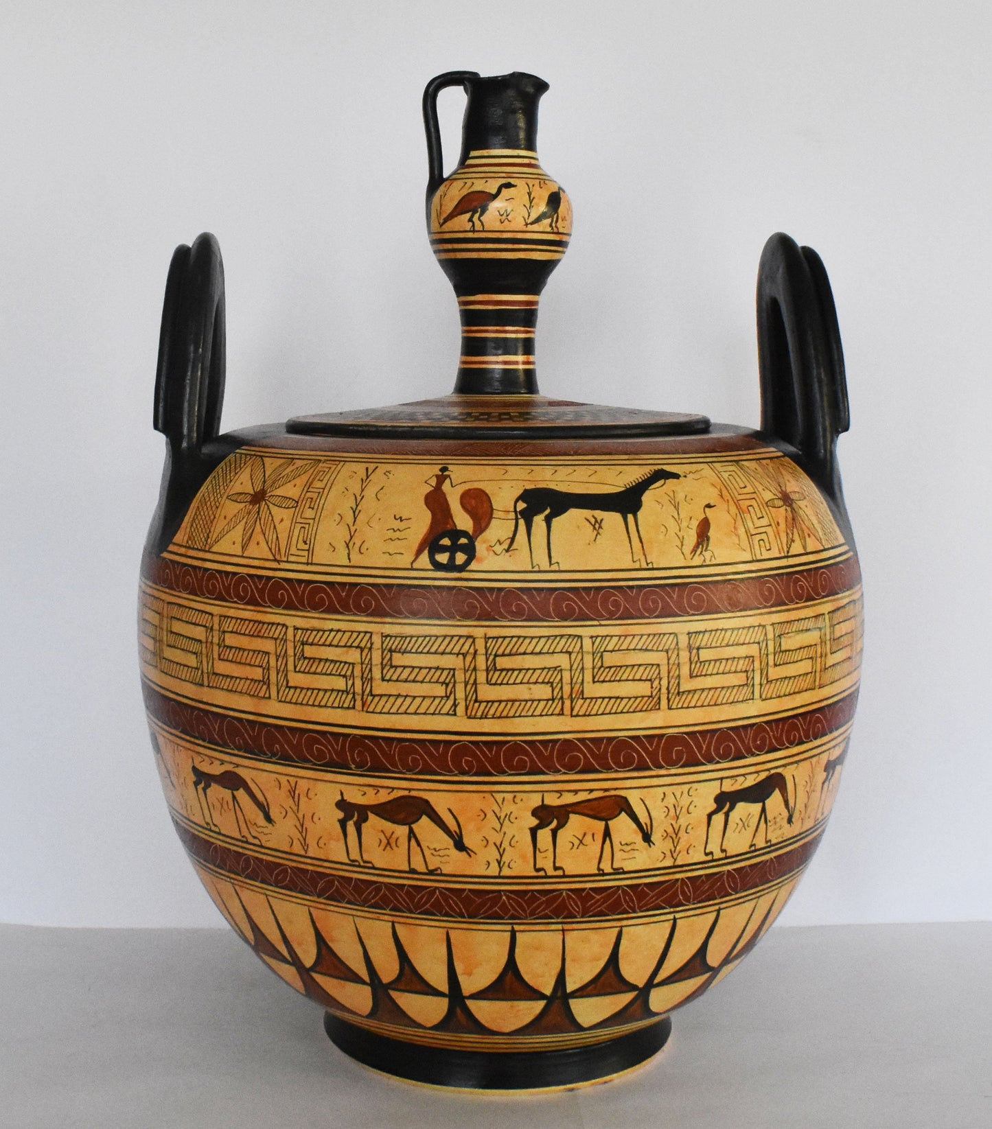 Geometric period Vessel - Man on a Chariot, Animals, Meander and Rosette Motives - Ceramic Vase