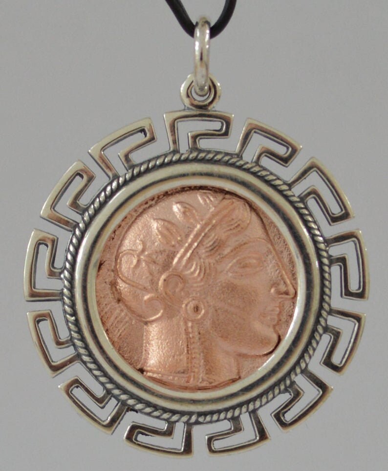 Greek Roman Goddess Athena Minerva and Wise Owl - Athenian Tetradrachm - Meander - Rose Gold Plated Coin Pendant - 925 Sterling Silver