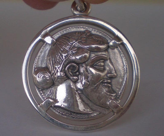 Dionysus Bacchus Greek Roman God of Wine - Satyr and Phallus,  fertility symbol - Coin Pendant  - 925 Sterling Silver