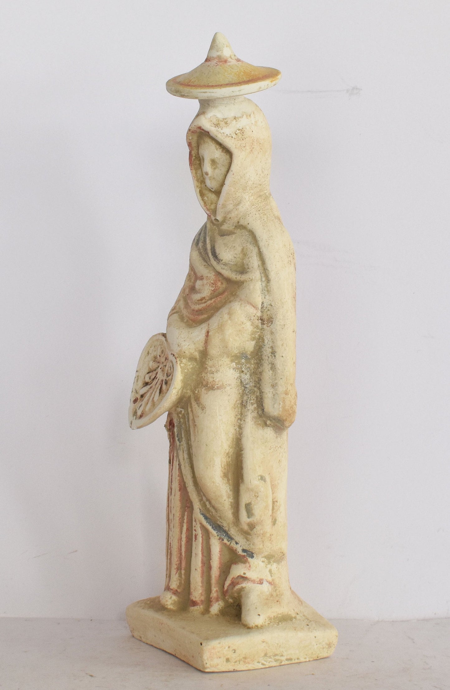 Tanagra Figurine - Draped Young Woman wearing Hat, Chiton,Cloak and Fan - Museum Reproduction - Ceramic Artifact