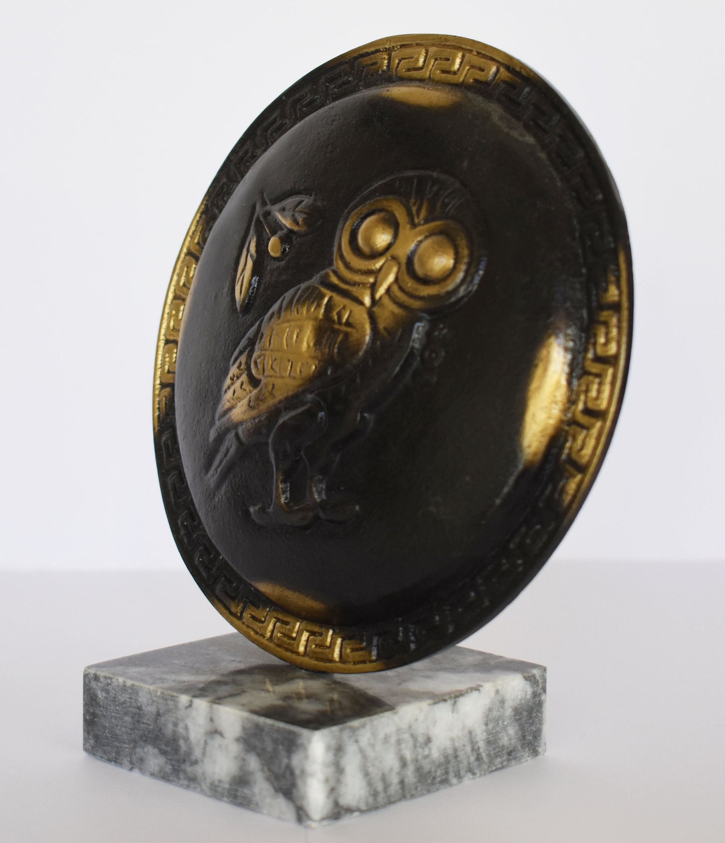 Ancient Greek Athenian Shield - Owl symbol - Meander Design - marble base - Museum Replica - pure Bronze Sculpture