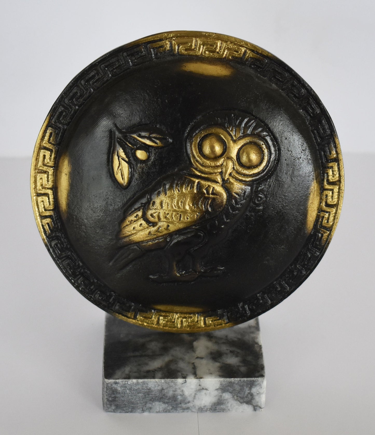 Ancient Greek Athenian Shield - Owl symbol - Meander Design - marble base - Museum Replica - pure Bronze Sculpture