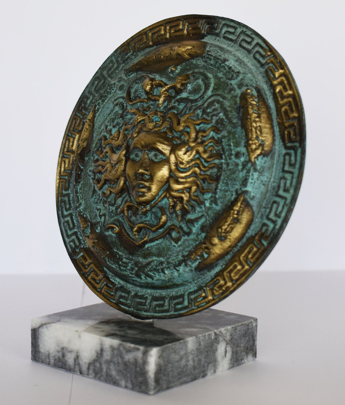 Ancient Greek Medusa Shield - Apotropaic Symbol used to protect from and ward off the negative - marble base - Museum Replica - pure Bronze