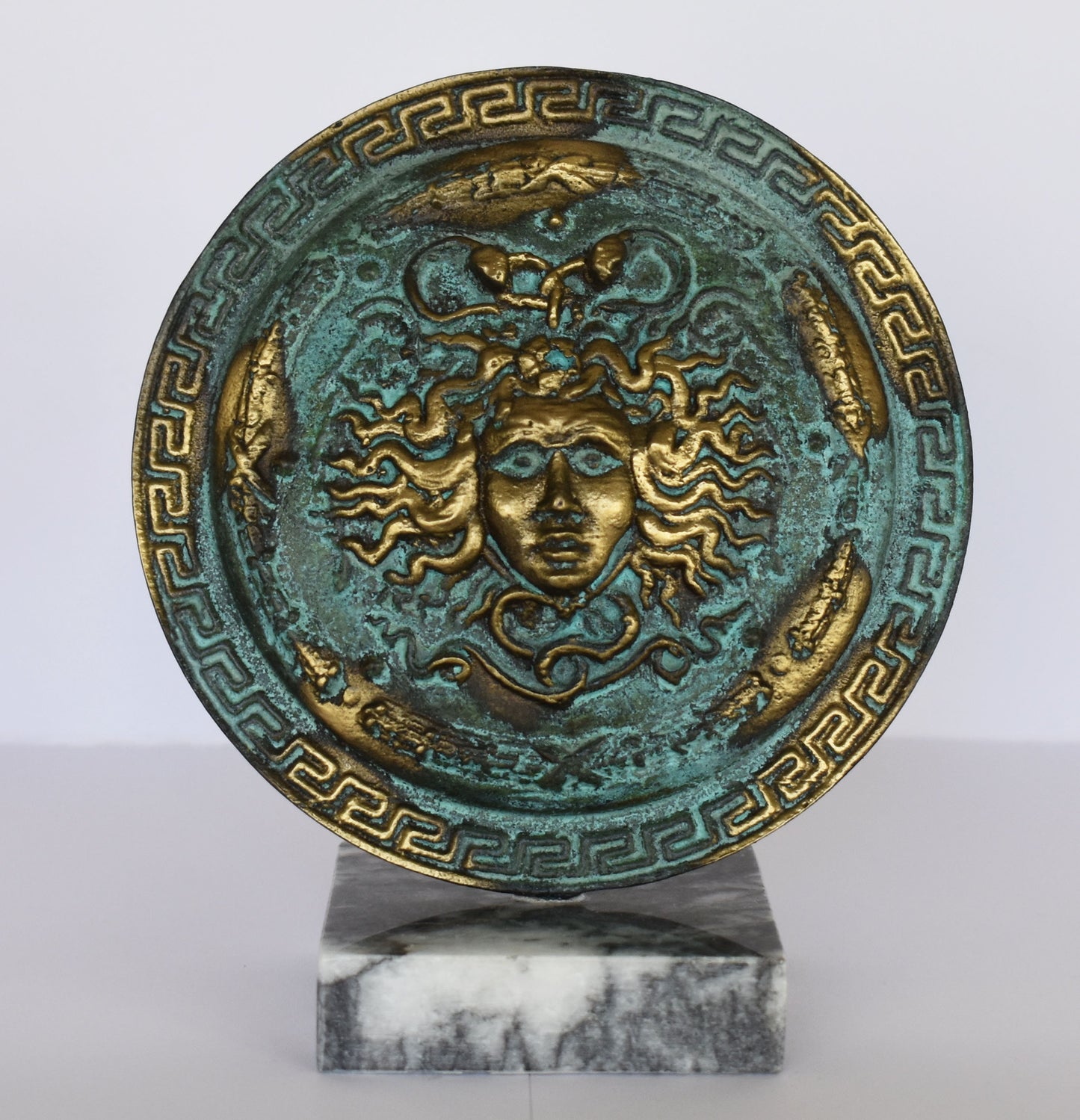 Ancient Greek Medusa Shield - Apotropaic Symbol used to protect from and ward off the negative - marble base - Museum Replica - pure Bronze