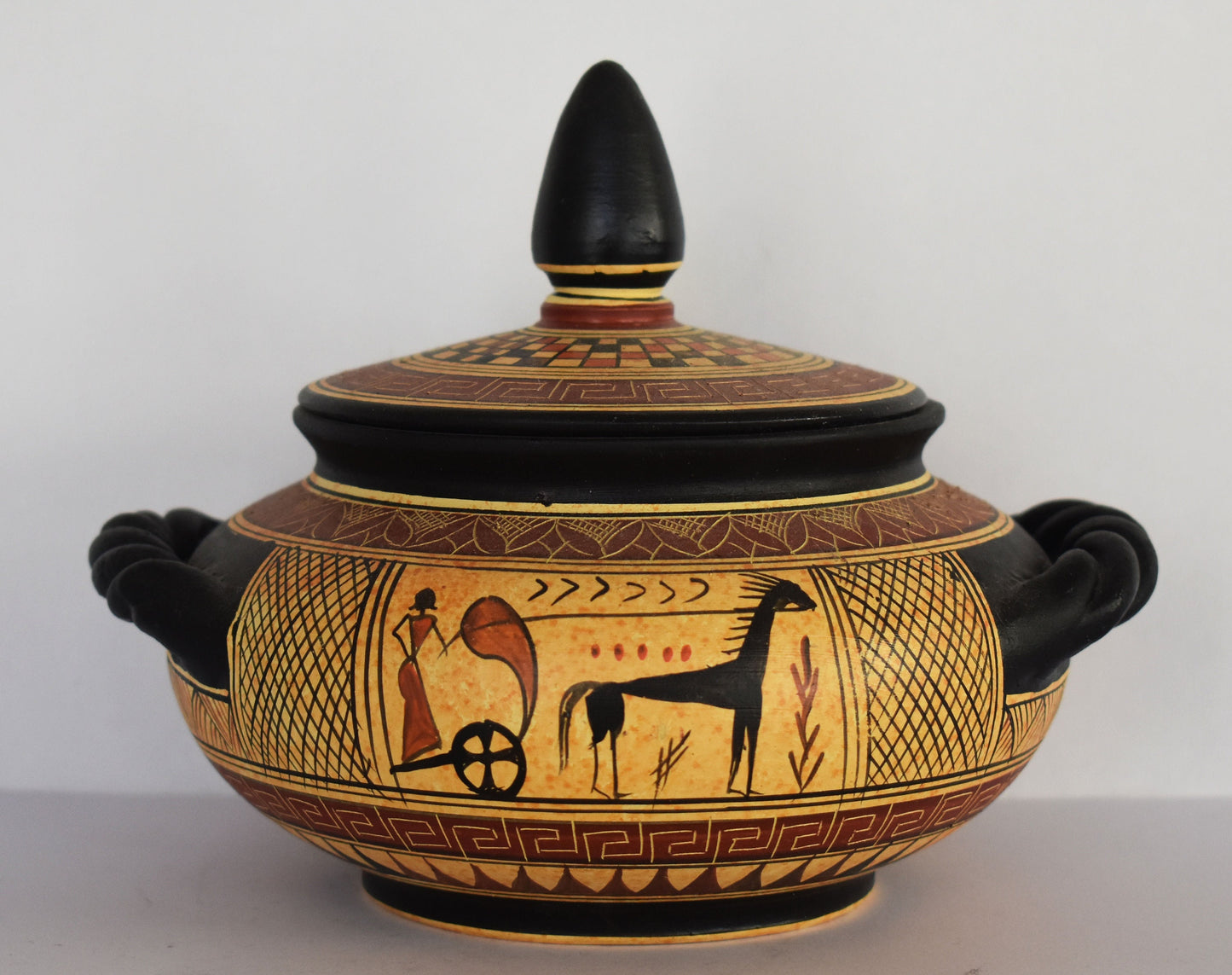 Geometric period Pyxis - Man on a Chariot - Meander Design - Attica, Athens - Ceramic Vase