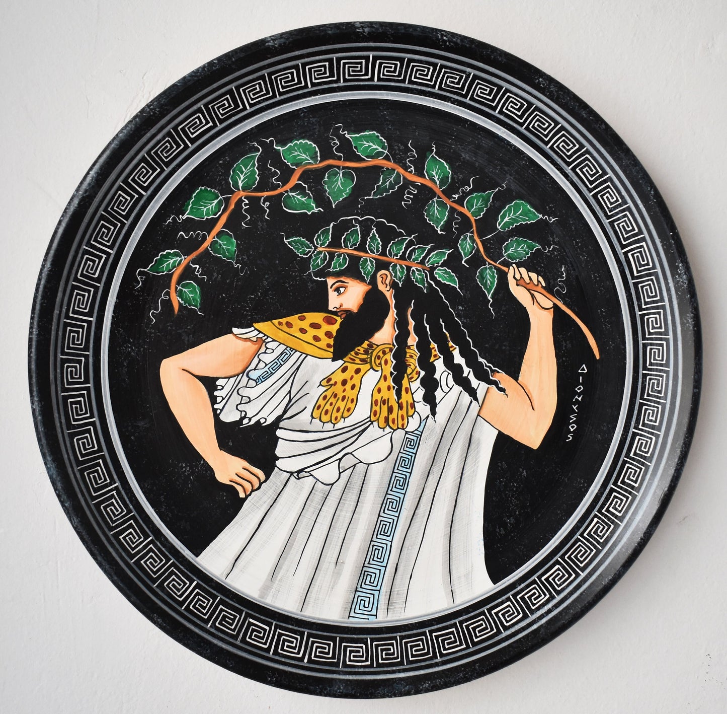 Dionysus Bacchus - Greek Roman God of wine, ecstasy, fertility, theatre - Ceramic plate - Meander design - Handmade in Greece