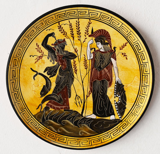 Athena and Poseidon’s Contest for Athens - Ancient Greek Olympian Gods - Ceramic plate - Meander design - Handmade in Greece