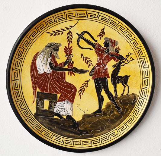 Artemis Diana and Zeus Jupiter - Ancient Greek Roman Gods - Ceramic plate - Meander design - Handmade in Greece