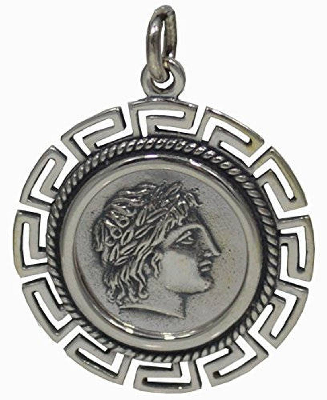 Apollo - Greek Roman God of Light, Healing, Music -  Meander Design - Coin Pendant - 925 Sterling Silver