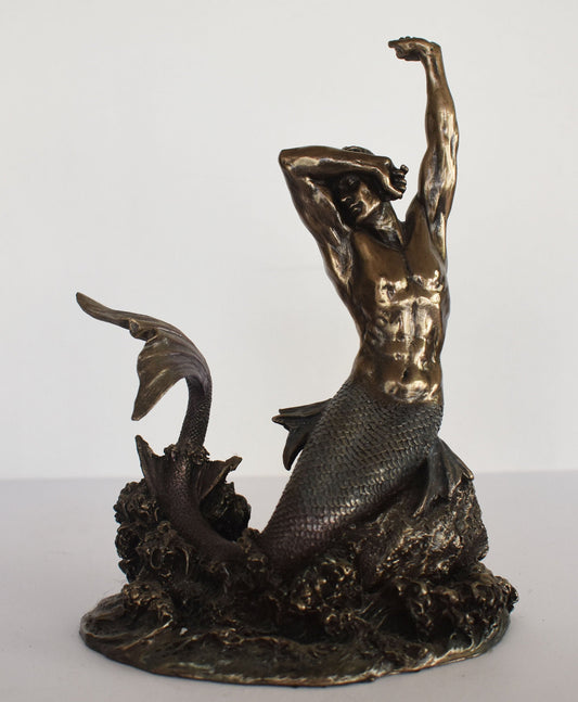 Triton Stretching on Rock - Merman - Demigod of the sea -  Son of Poseidon and Amphitrite - Sculpture Figurine - Cold Cast Bronze Resin