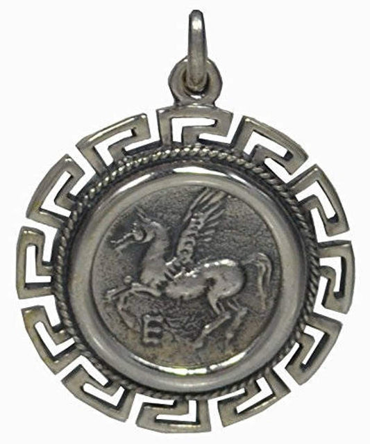 Pegasus, mythical winged divine horse - Artemis Diana, Greek Roman Goddess of hunting - Meander Design - Coin Pendant - 925 Sterling Silver