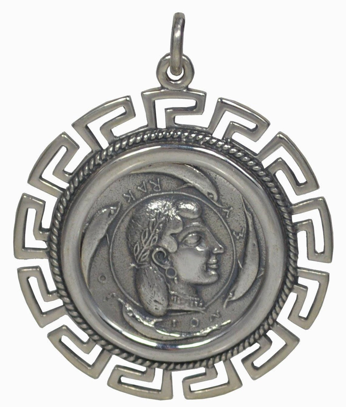 Artemis Diana - Greek Roman Goddess of of wild animals, hunting - Meander design -Syracuse Dekadrachm - Coin Pendant - 925 Sterling Silver