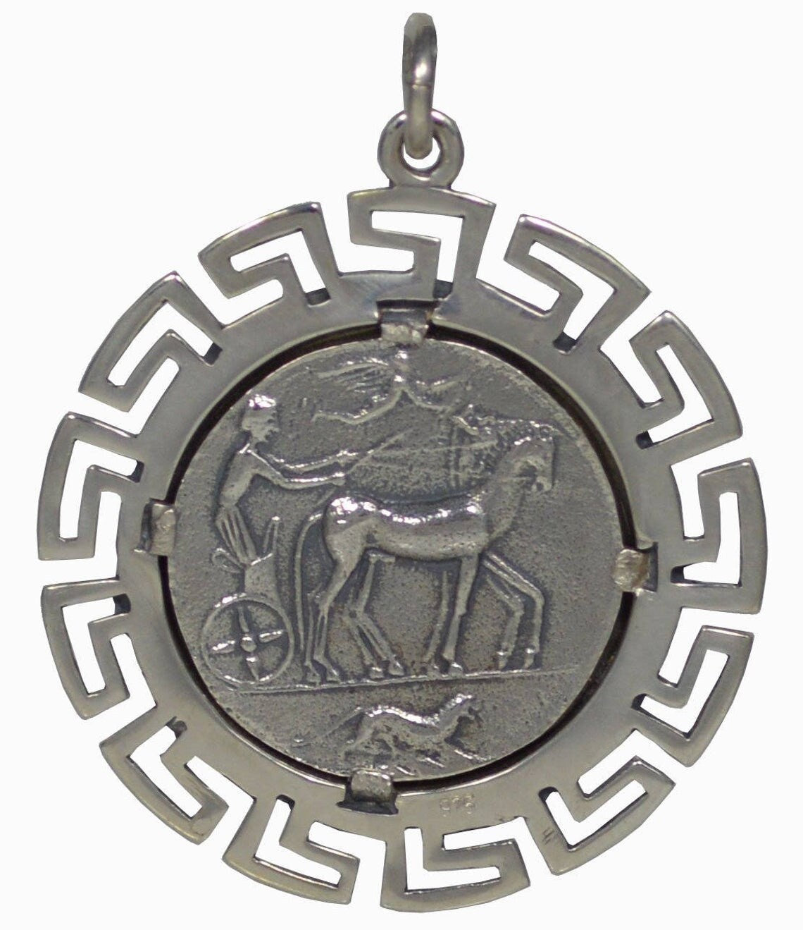 Artemis Diana - Greek Roman Goddess of of wild animals, hunting - Meander design -Syracuse Dekadrachm - Coin Pendant - 925 Sterling Silver