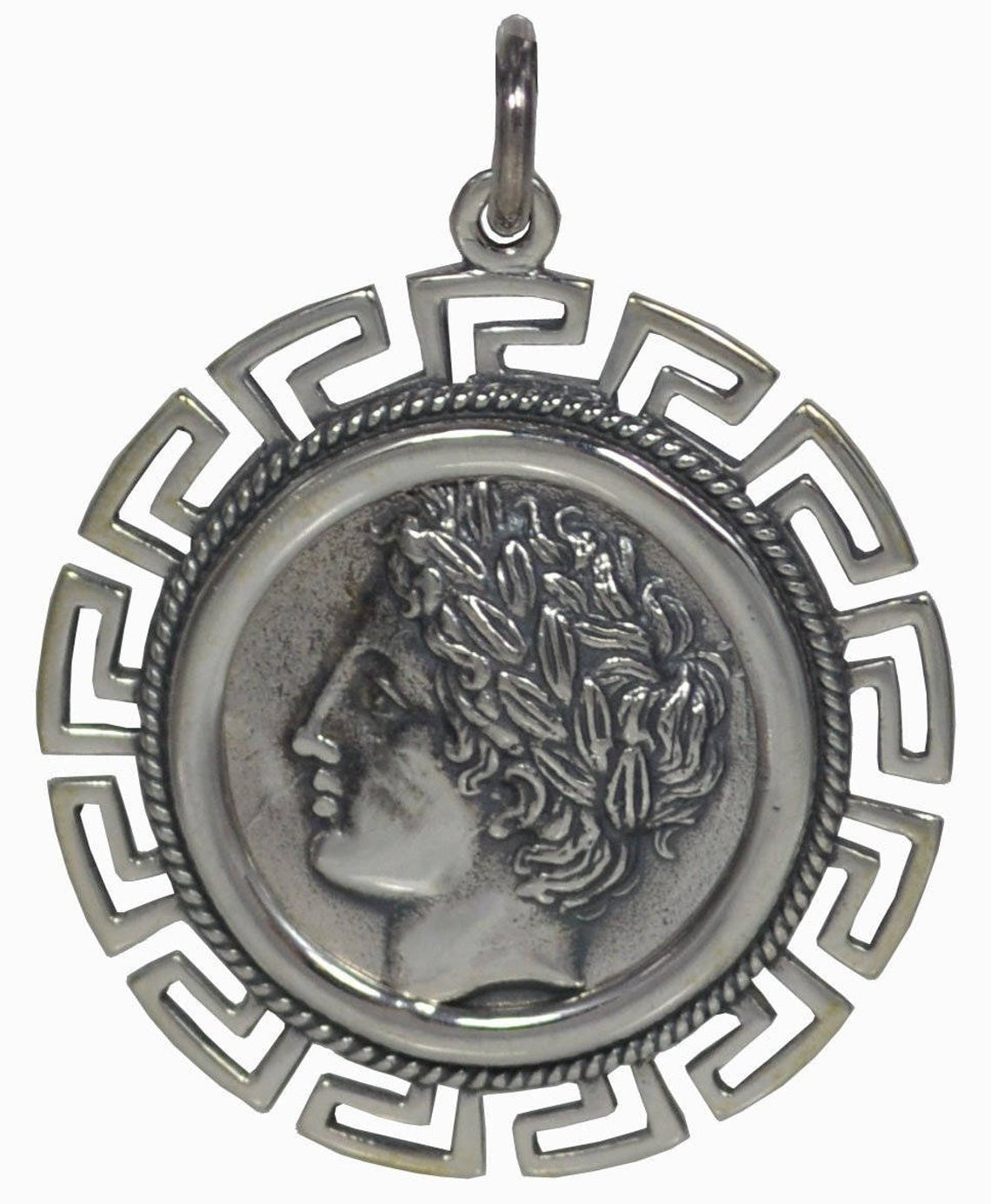 Apollo - Greek Roman God of archery, music and dance, prophecy, healing, Sun, light - Meander Design - Coin Pendant - 925 Sterling Silver