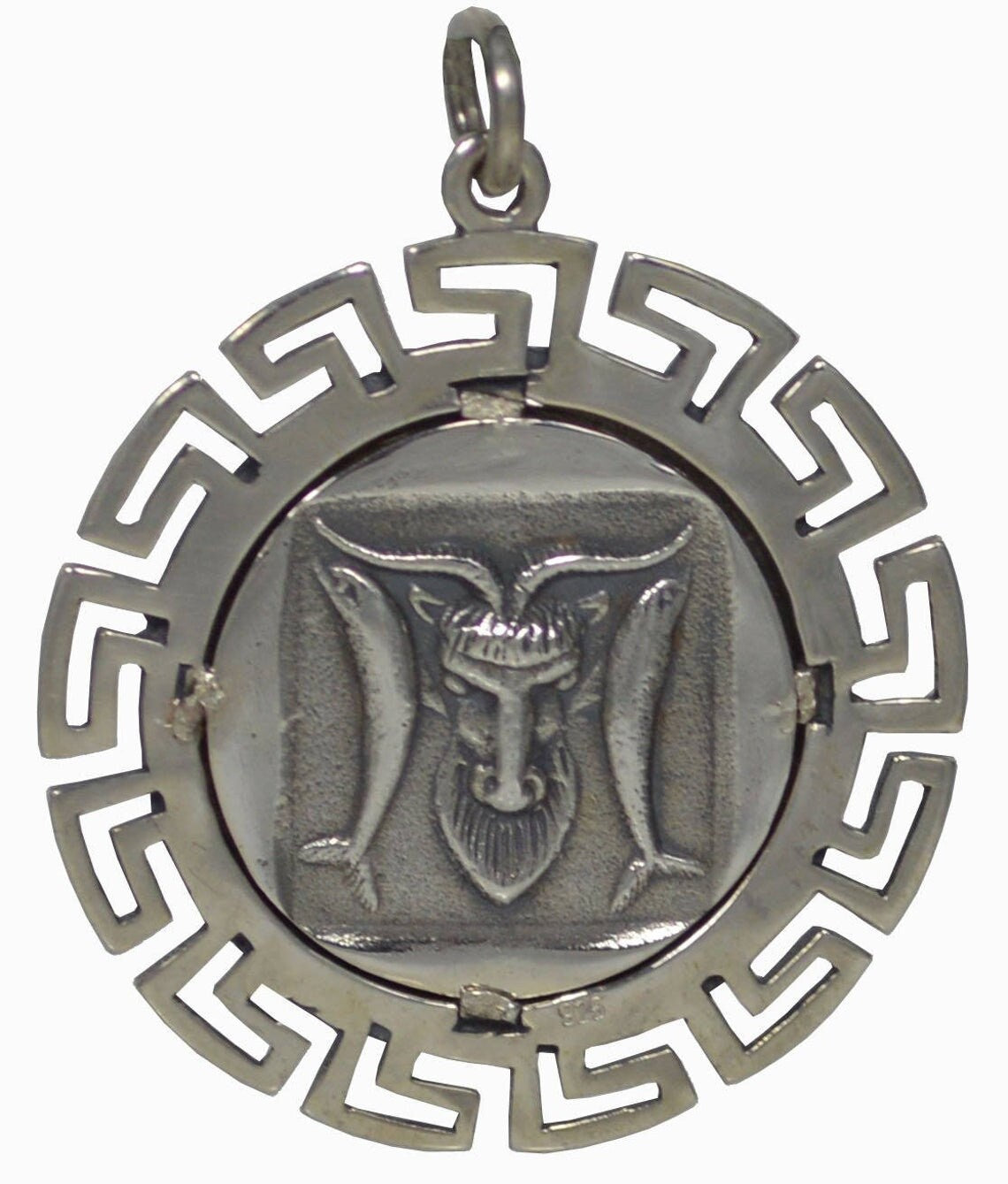 Ram Head - Symbol of authority, nobility, virility, fertility, power and leadership  - Meander Design - Coin Pendant - 925 Sterling Silver