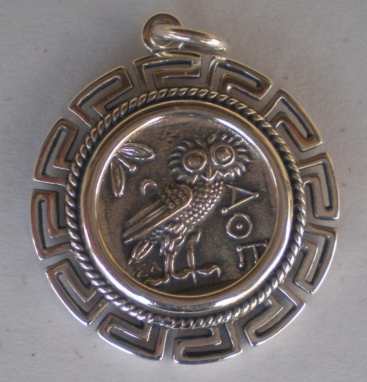 Owl of Wisdom - Athena Minerva Greek Roman Goddess of knowledge - Meander Design - Coin Pendant - 925 Sterling Silver