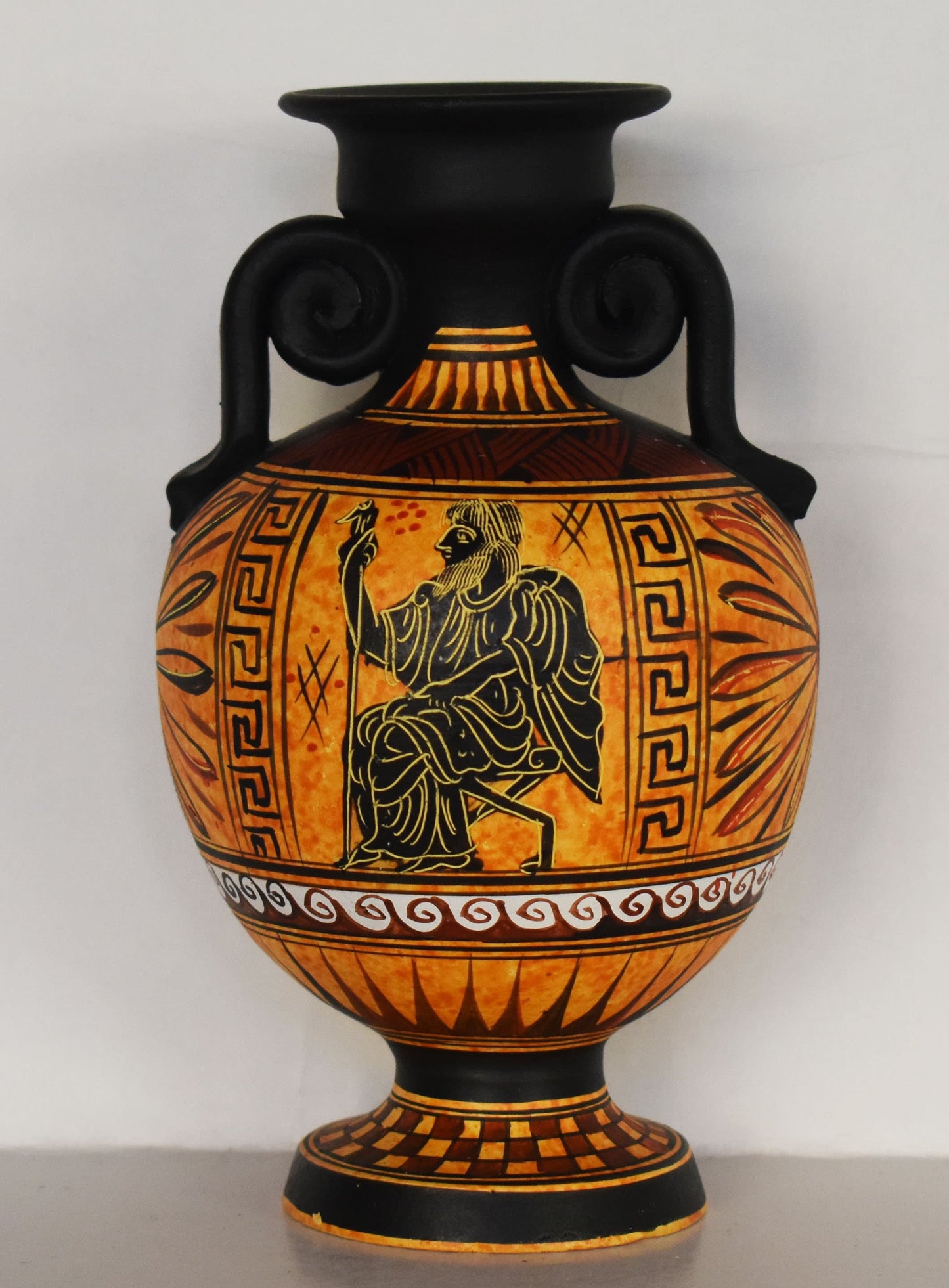 Zeus Jupiter - Greek Roman God of the Sky and Thunder, King of the Gods - Meander and Floral Motives - Ceramic Vase