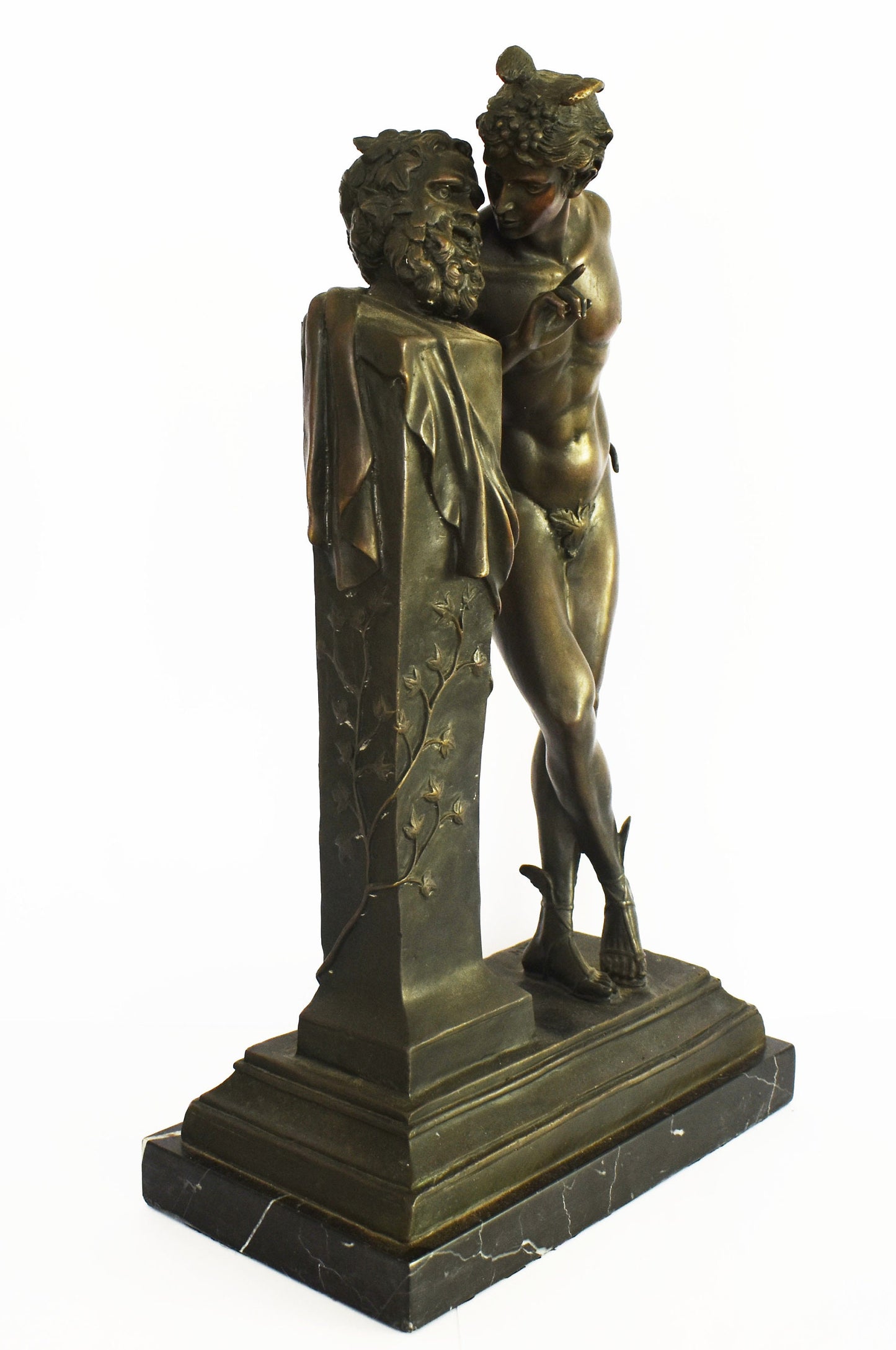 Hermes Mercury leaning against a Hermaic Stele - Messenger of Olympian Gods - marble base - pure bronze  statue