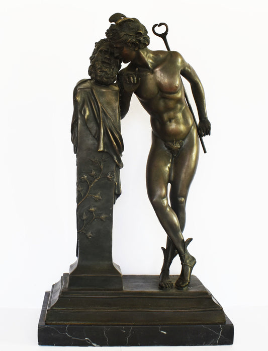 Hermes Mercury leaning against a Hermaic Stele - Messenger of Olympian Gods - marble base - pure bronze  statue