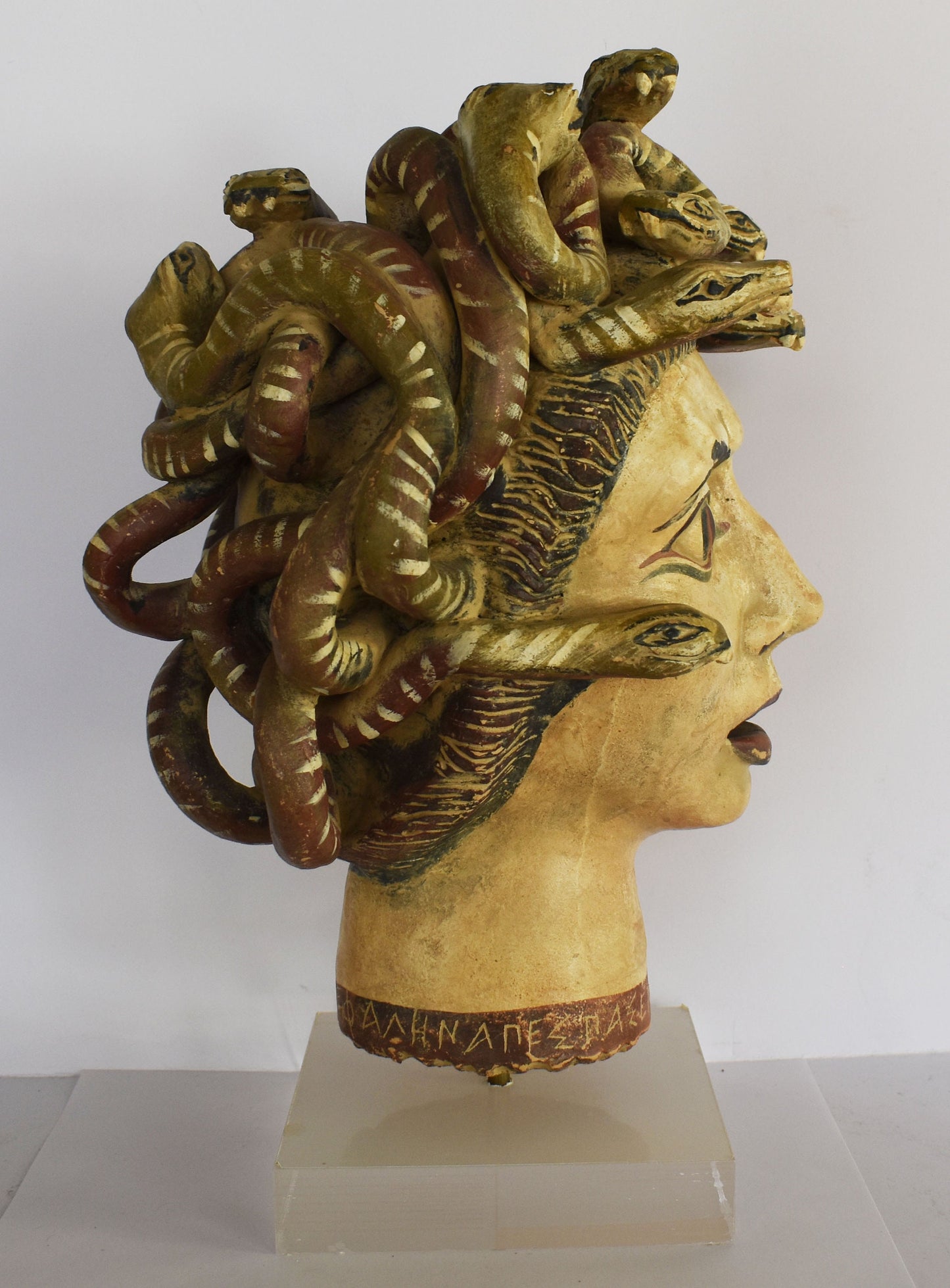 Medusa Head - Snake-Haired Gorgon - Symbol of natural cycle of birth, death and rebirth - Plexiglass Base - Ceramic Artifact