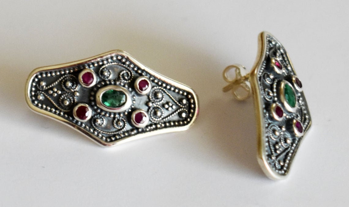 Byzantine Style Jewelry -  With Ruby & Emerald - Earrings - 925 Sterling Silver